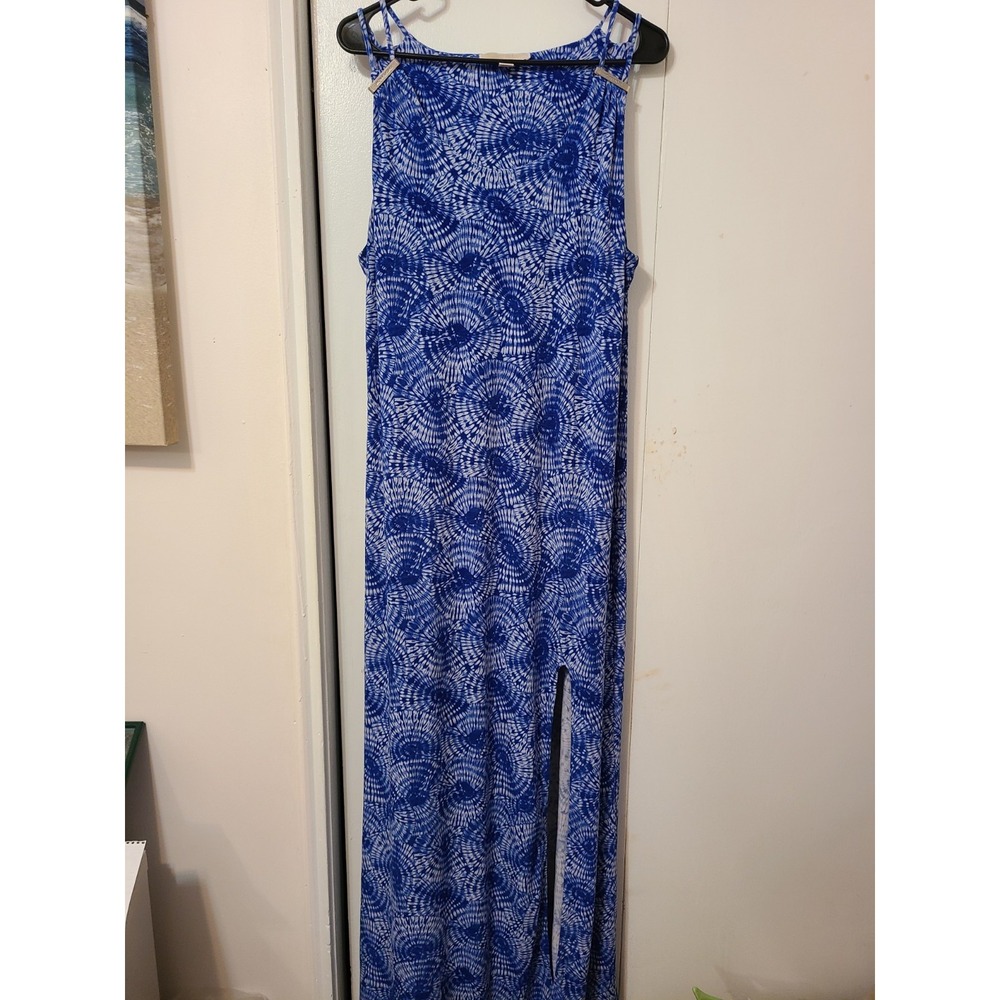 Michael Kors Blue tie-dye Starburst Print Maxi Dress Sleeveless Front Side Slit.